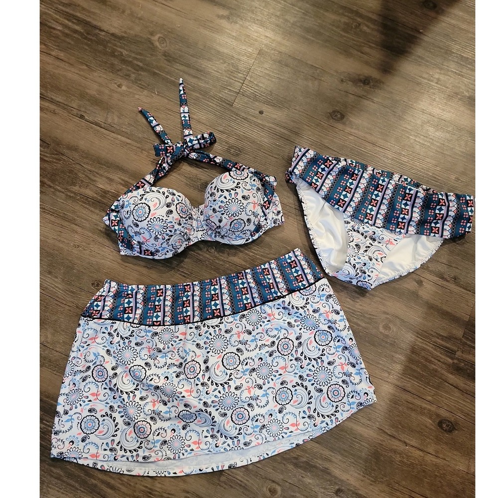 Venus 3 Piece Swimsuit Set Blue‎ Pink Paisley Floral Halter Top Skirt Bottoms